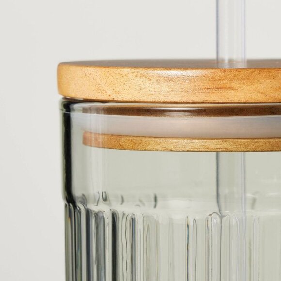 21oz Fluted Glass Tumbler with Wood Lid & Straw Green - Hearth & Hand Magnolia - Picture 4 of 5